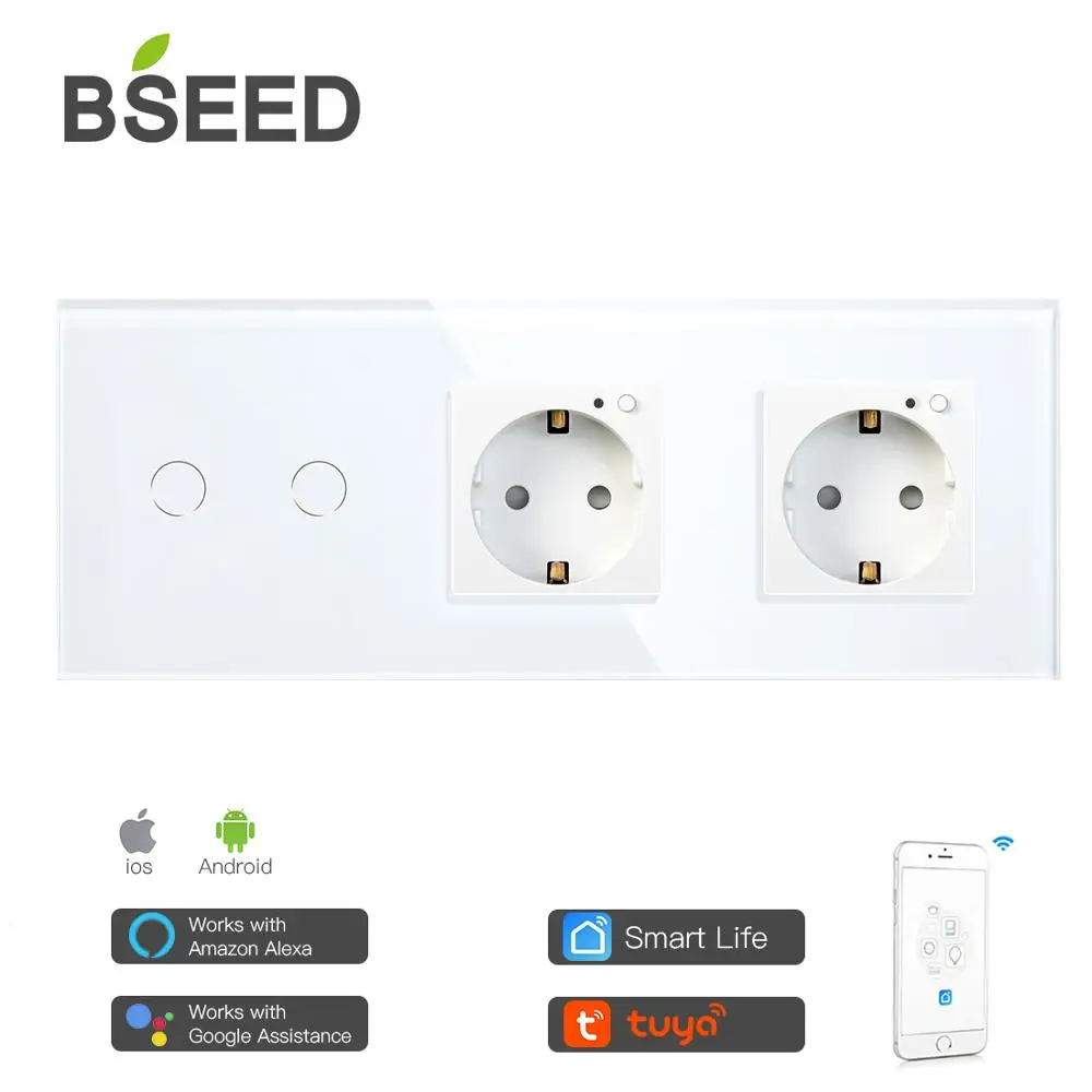 

BSEED Double WiFi EU Sockets 2Gang Switch With White Black Gloden Crystal Glass Panel Control by Alexa Google ,tuya