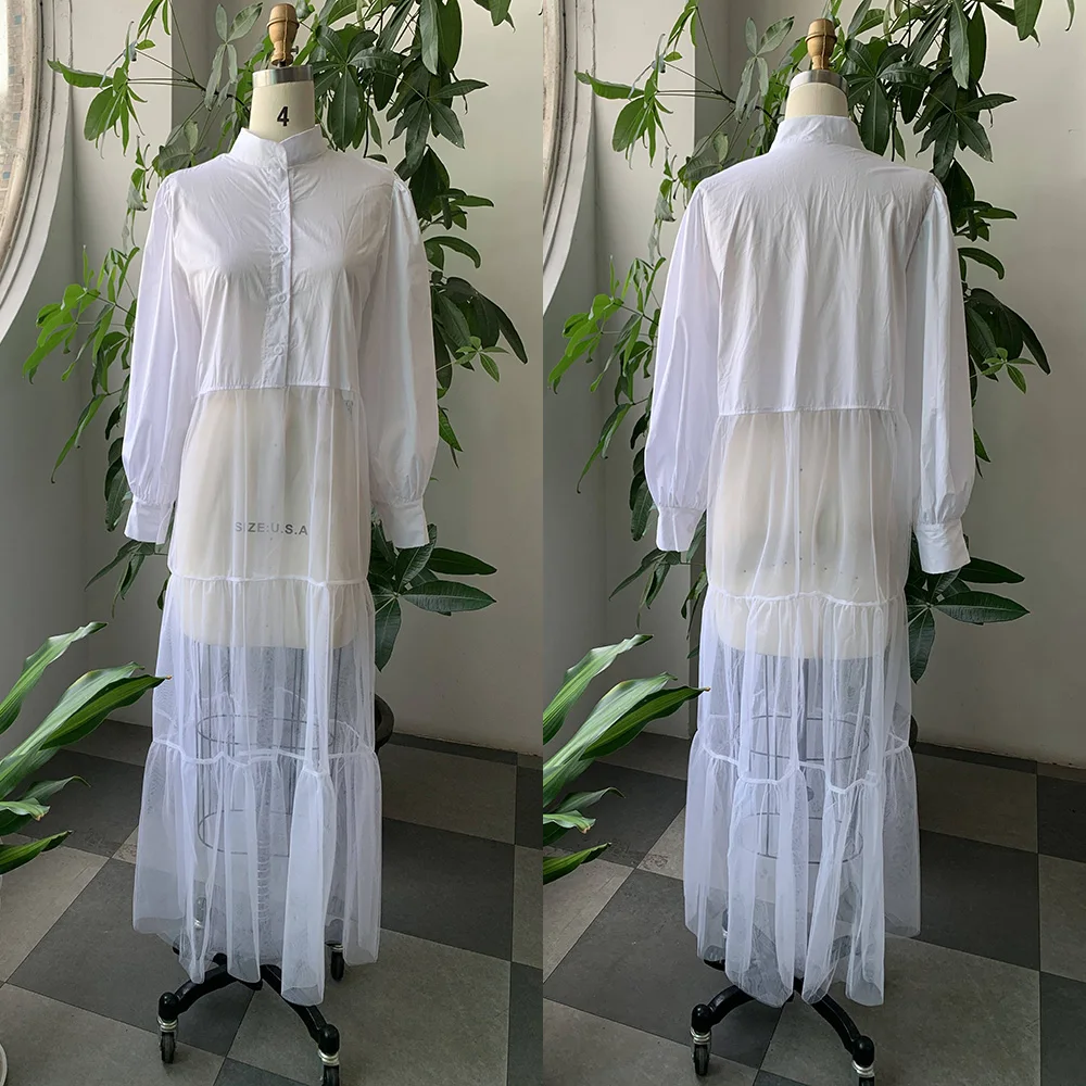 Женская Длинная блузка белая рубашка с длинным рукавом в стиле пэчворк отложным