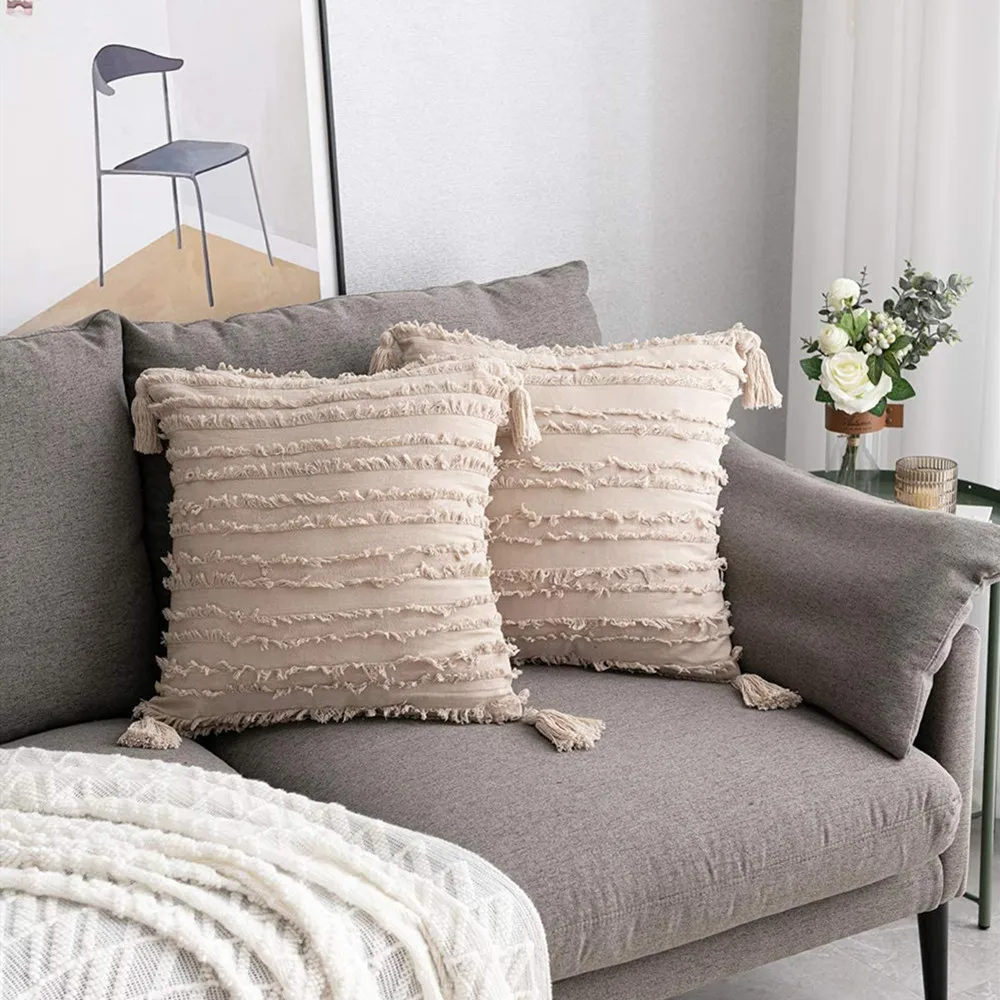 

Striped Jacquard Cushion Cover Boho Tassel Decorative Throw Pillow Case Two-sided Macrame Sofa Bed Home Fall Decor