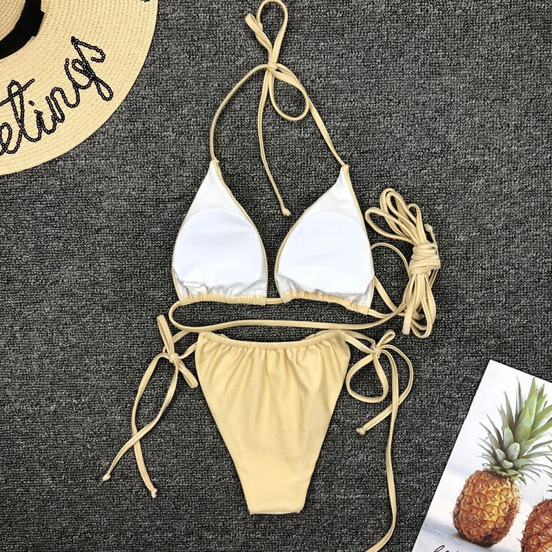 

Mini Bikini Sexy Micro Swimwear Women Swimsuit Bandage Halter Top Solid Black White Bikini Set Brazilian Thong Bathing Suit