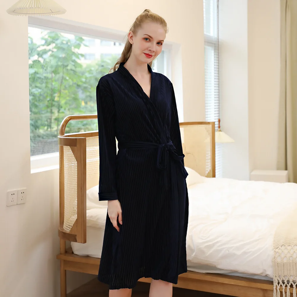 

Women Soft Sleepwear Velour Robe Striped Kimono Gown Autumn New Nightgown Female Casual Bathrobe Gown Velvet Home Clothes