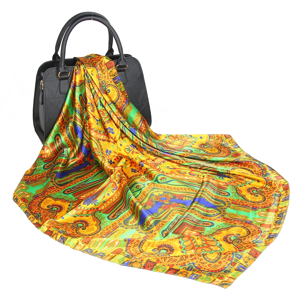 Шелковый шарф женский модный дизайнерский платок с золотыми цветами большой