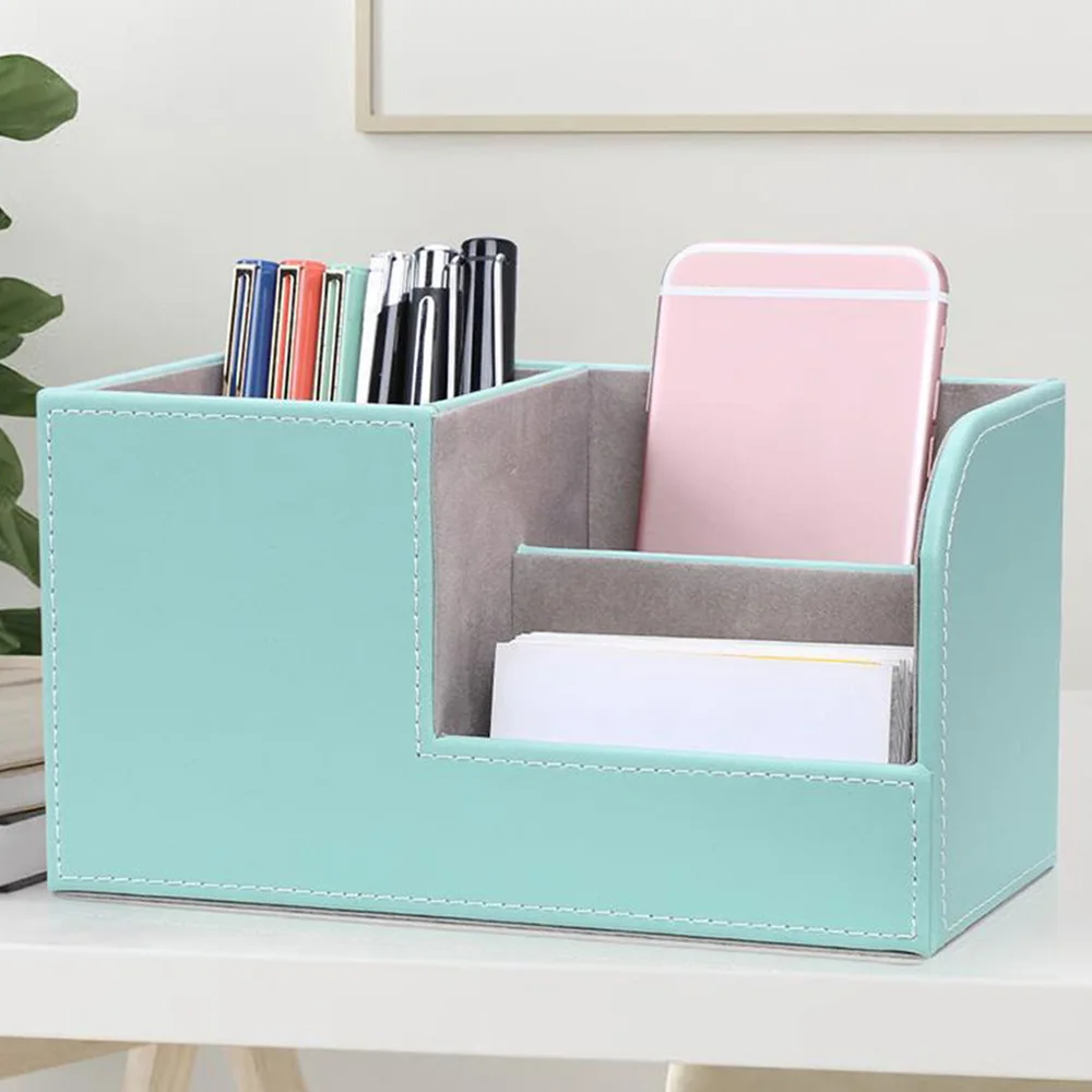 

1pc Leather Pen Container Square Three-grid Pen Holder Pen Storage Box