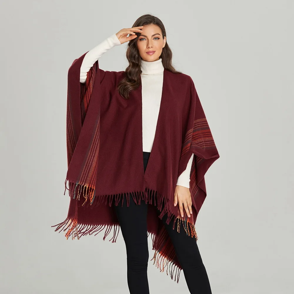 

130*150cm Winter Women Stripes Design Poncho Cashmere Female Autumn Winter Warm Big Size Scarf Wrap Blanket Ladies Shawls Wraps
