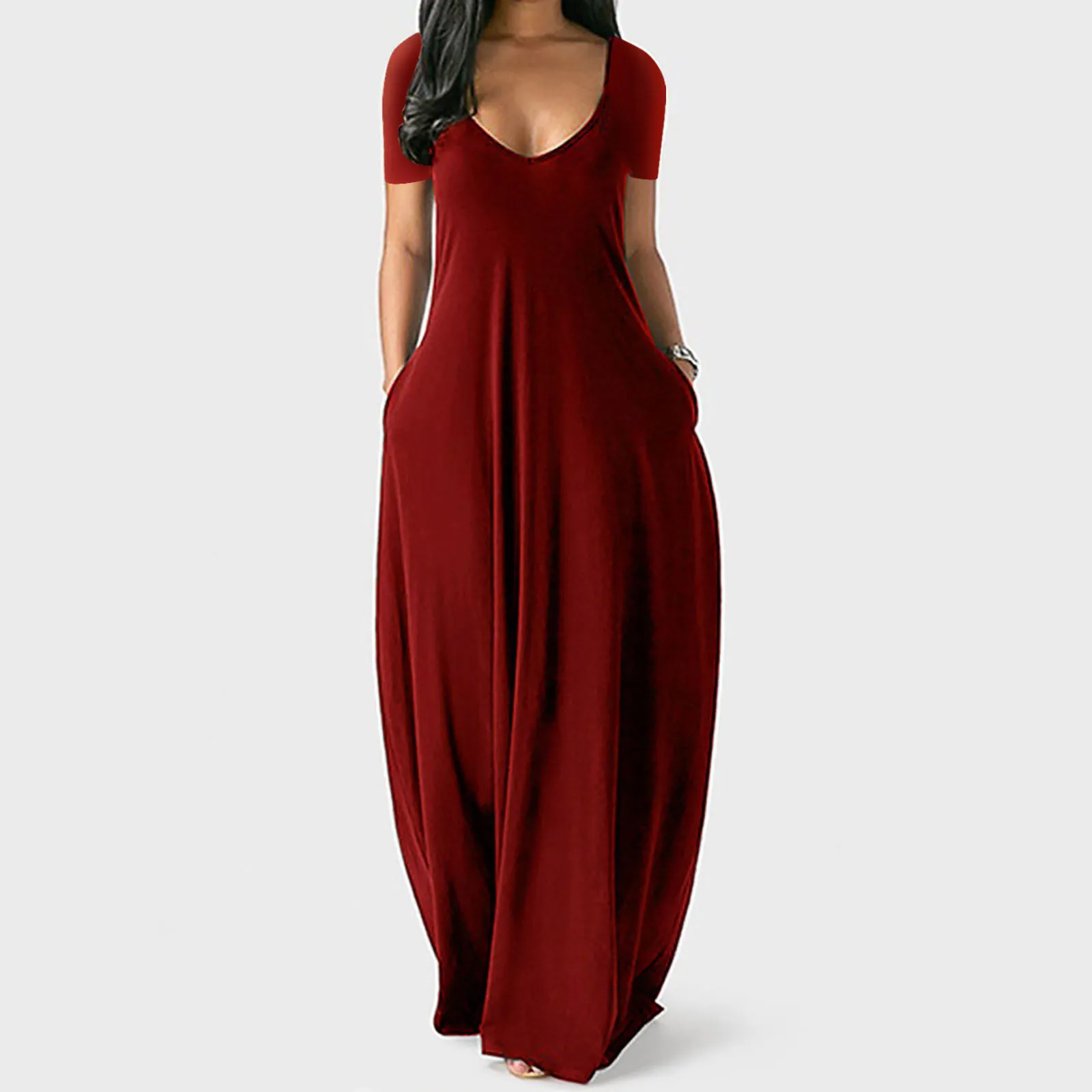 

Womens Casual Shot Sleeve Plus Size Loose Plain Long Maxi Dress Casual Plus Size Solid V-neck Pockets Short Sleeve Long Dress