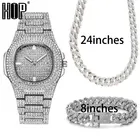 Комплект из 3 предметов для мужчин, ожерелье, часы, браслет в стиле хип-хоп, панцирная кубинская цепь Майами под золото, сверкающие стразы с фианитами