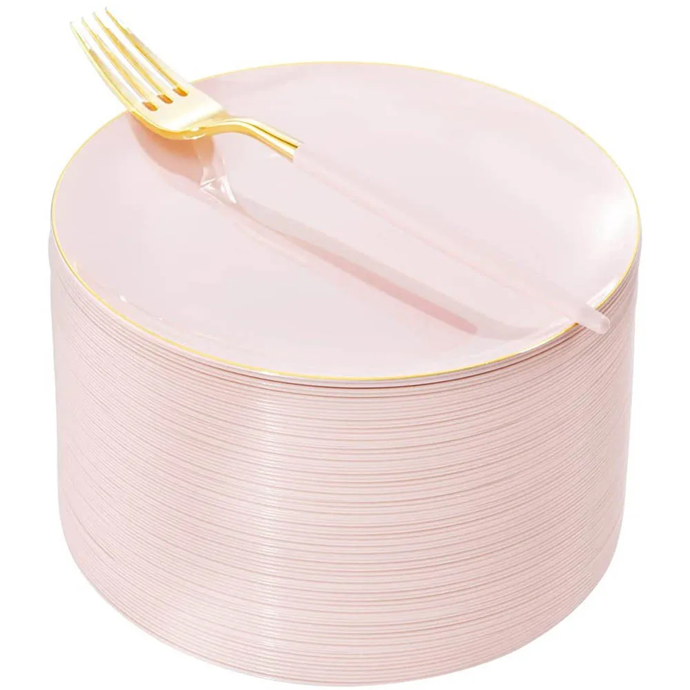 

20-Piece Disposable Tableware Premium Pink Plastic Dessert Plate With Disposable Fork Suitable for Bridal Shower and Party