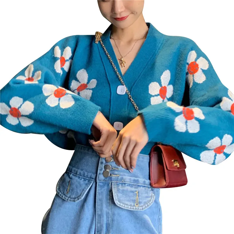 

Korea Style Flower Knit Cardigans Sweater Women V Neck Loose Elegant Thicked Pull Femme Print Short Casual Coat Knitted Sweater