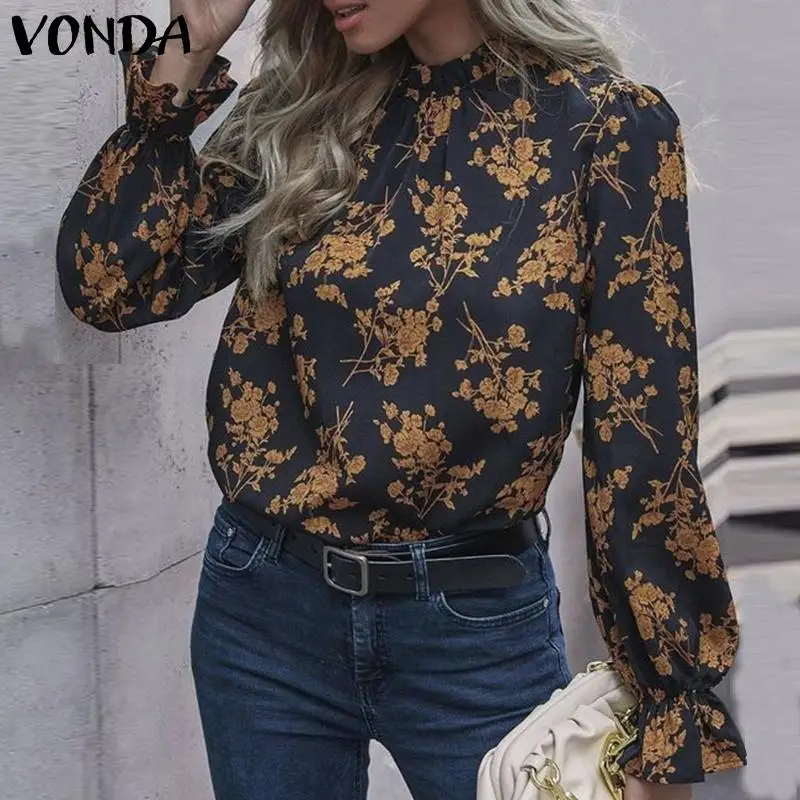 

Stylish Blouse 2021 VONDA Women Autumn Flare Sleeve Tops Vintage Long Sleeve Floral Printed Blouse Party Blusas Femininas
