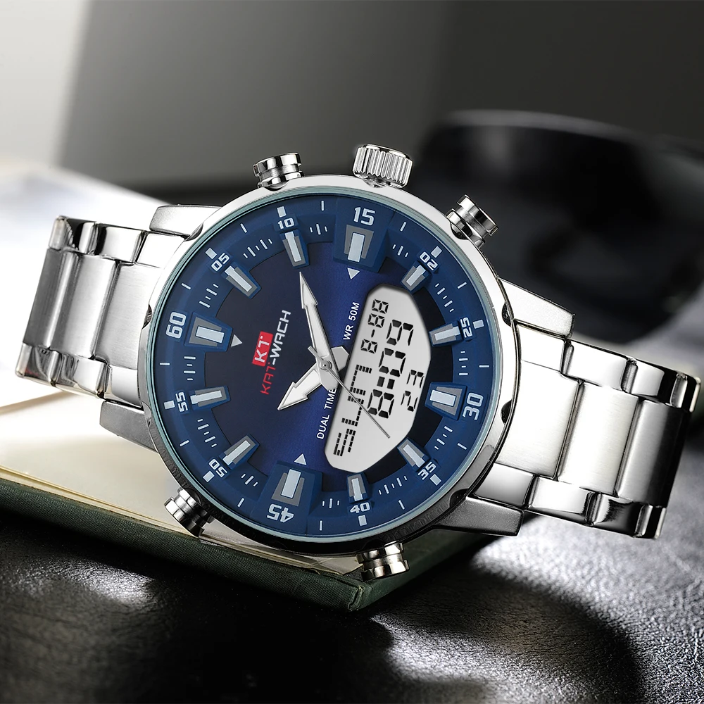 KT New Mens Watches with Stainless Steel Dual Display Waterproof 3D Dial Analog Digital Chronograph Male Sport Style KT1815
