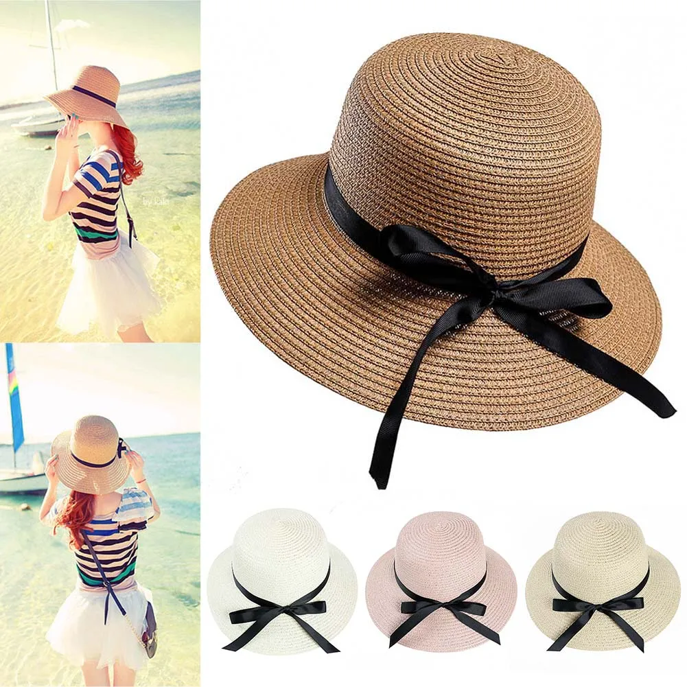 

Women Beach Hat Sun Protective Bowknot Foldable Casual Straw Hat for Outdoor EIG88