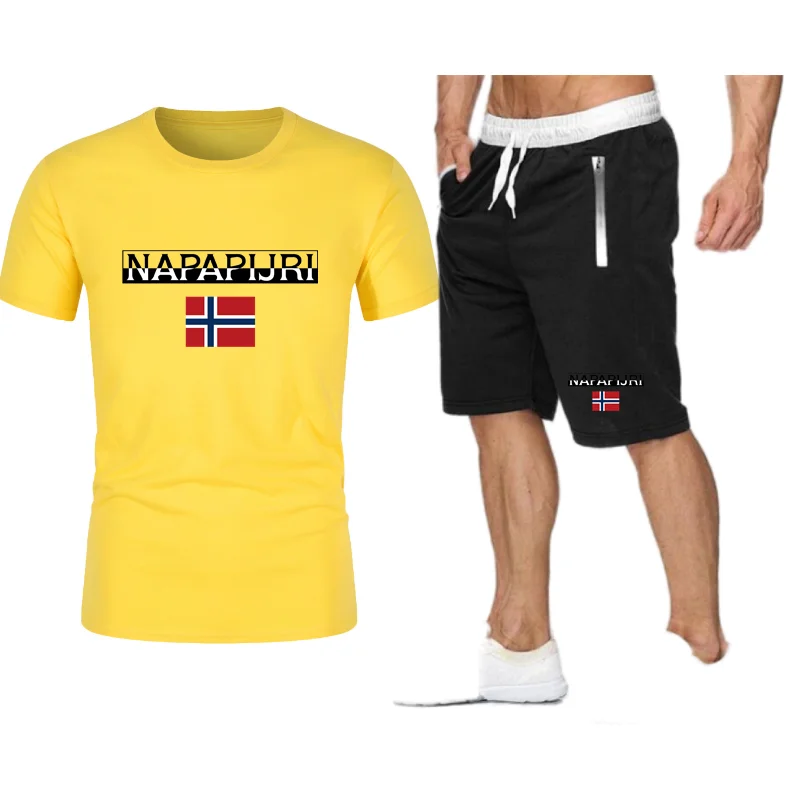 

2021 Fashion New Brand Men's Summer High Quality Cotton Sports T-shirt + Sports Shorts Set Running Sportswear