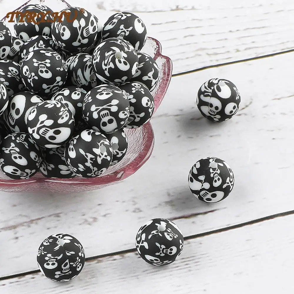 TYRY.HU-Cuentas de calavera de silicona para 20 piezas, cuentas redondas de 12/15mm, mordedor para beb&eacute;, pinzas para chupete DIY, collar de cuentas-0