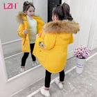 Новинка 2021, осенне-зимнее плотное Детское пальто средней длины LZH, Детский пуховик с вышивкой и меховым воротником, одежда для девочек от 4 до 10 лет