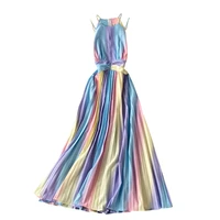 new summer women sexy halter spaghetti strap long dress high quality fashion gradient rainbow color pleated hem runway dress
