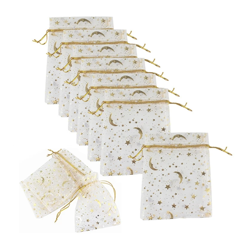 

100Pcs Moon Stars Drawstring Organza Bags Drawstring Small Jewelry Gift Bags Pouches for Wedding Party Valentine's Day