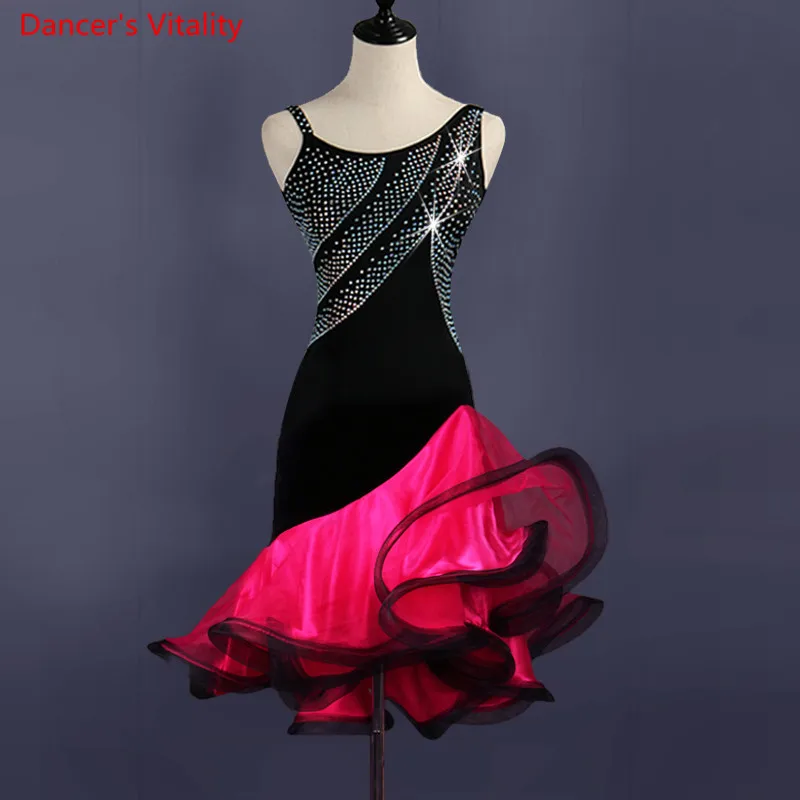 

Custom Women Latin Dance Dress Sexy Sleeveless Diamonds Fishbone Dresses Adult Latin Ballroom Dance Stage Performance Costumes