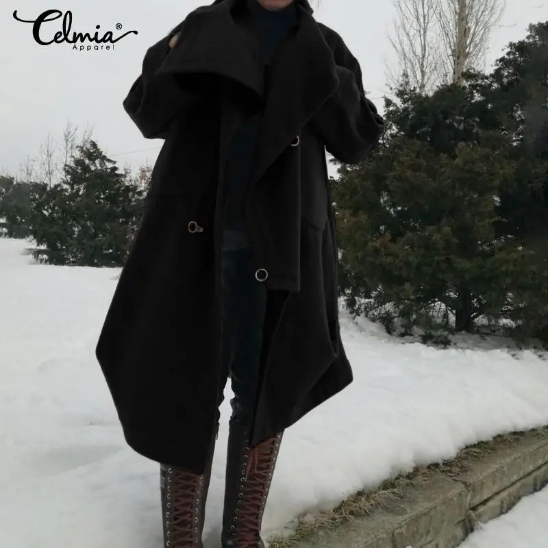 Женское ассиметричное длинное пальто Celmia, негабаритные куртки, женская верхняя одежда, зимнее теплое пончо, однотонное, Осеннее, для девушек, винтажные джемперы