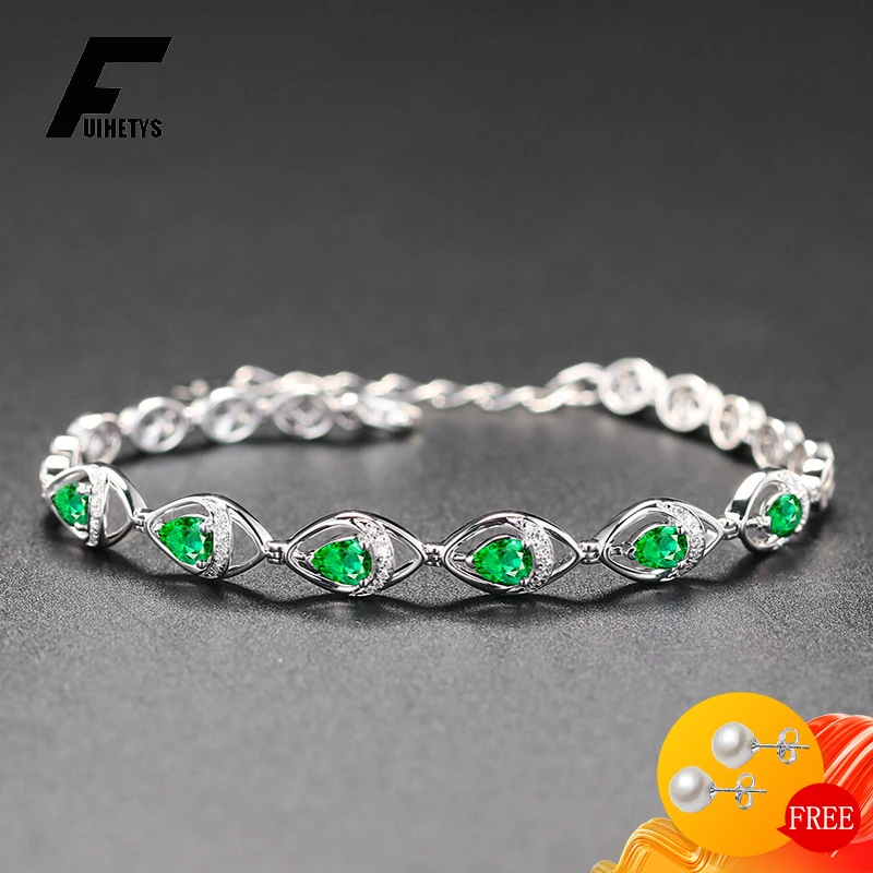 

Luxury Women Bracelet 925 Silver Jewelry Water Drop Shaped Emerald Gemstone Fashion Accessories Wedding Party Engagement Gift
