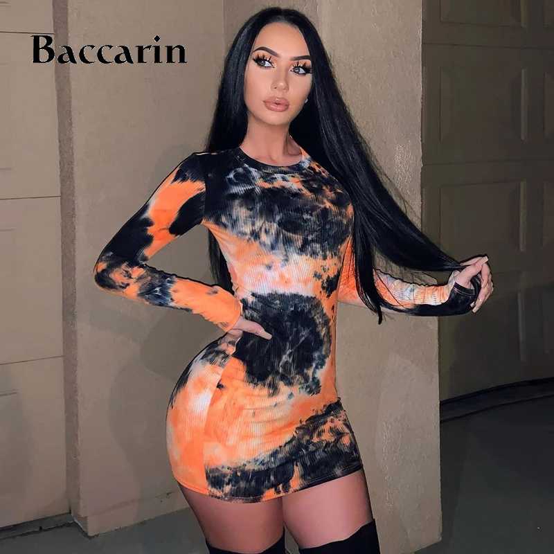 

Baccarin tie dye ribbed women mini dress long sleeve bodycon sexy party 2019 autumn winter clothes clubwear streetwear outfit