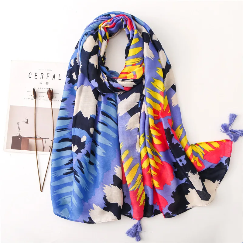 

Цветной шарф с синим узором, женская теплая Модная шаль для путешествий, пляжный шарф для женщин на осень