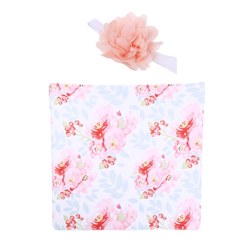 

2 Pcs Newborn Floral Swaddle Wrap+ Headband Set Baby Cotton Receiving Blanket T8ND
