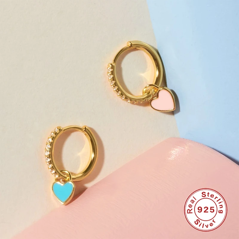 

BOAKO Earrings for Women 2021 Trend Pendientes Plata 925 Silver Hoop Earings Huggie Colorful Earring Love Heart Earrings Jewelry