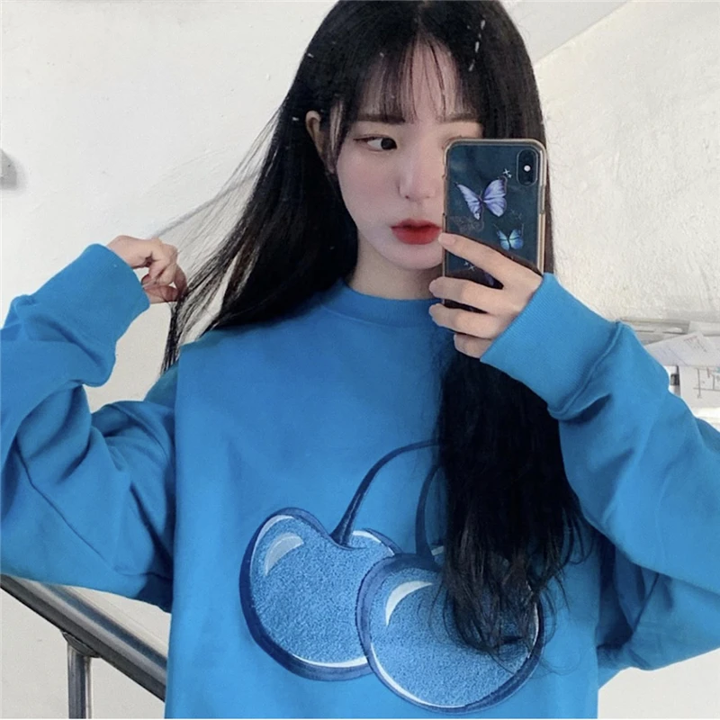 

Новинка, женские свитшоты, корейский шикарный свитшот с мультяшной вышивкой вишни, женский весенний пуловер с бархатной подкладкой большог...