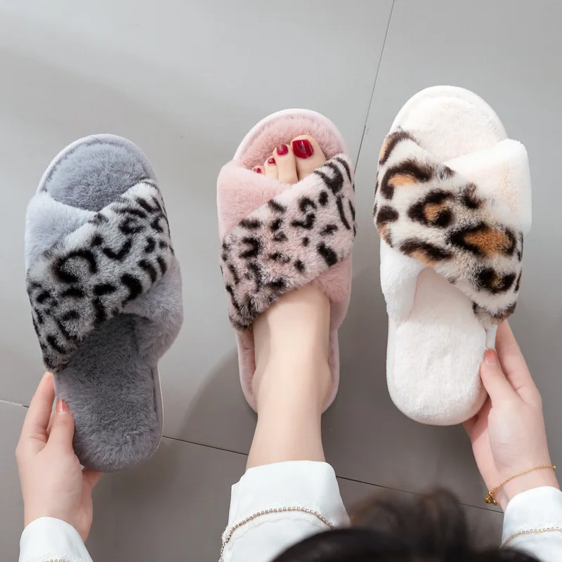 New Home Leopard Print Cross Hair Slippers Women European and American Ins Wind Breathable Plush Floor Cotton Slippers Women