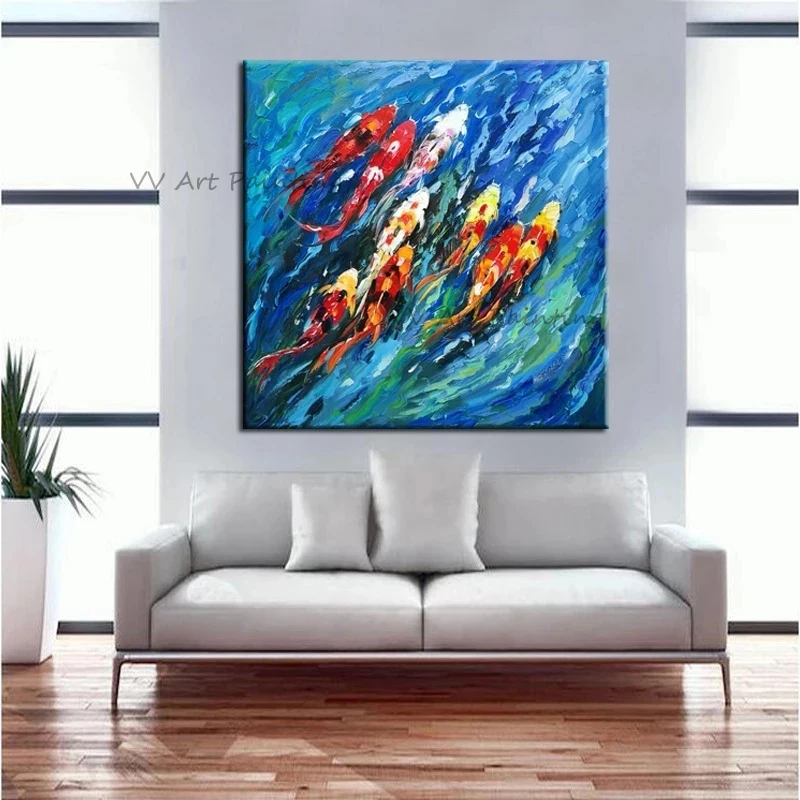 

Fish Graph Oil Painting Mural Animal Oil Drawing Painted Pretty Picuture by Hand For Living Room Decor Frameless Lucky Koi Draw