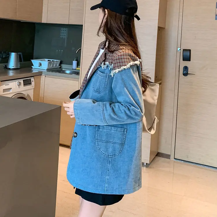 

2021Spring Autumn Jacket Women Single-Breasted Long Sleeve Irregular Coat Cowboy Splicing Casual Slim Top Female Costume Outwear
