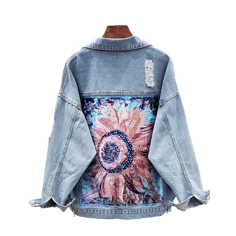 

Fashion Patch Design Diamond Print Denim Jacket Women Loose Casual Short Outerwear Autumn Korean Holes Jeans Jacket Coat Female