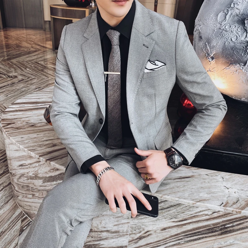 

Pure Color Men Suit Jacket + Trousers Stylish British Style Men's Business Casual Suit Two-piece Set Asian Size S M XL XXXL 4XL