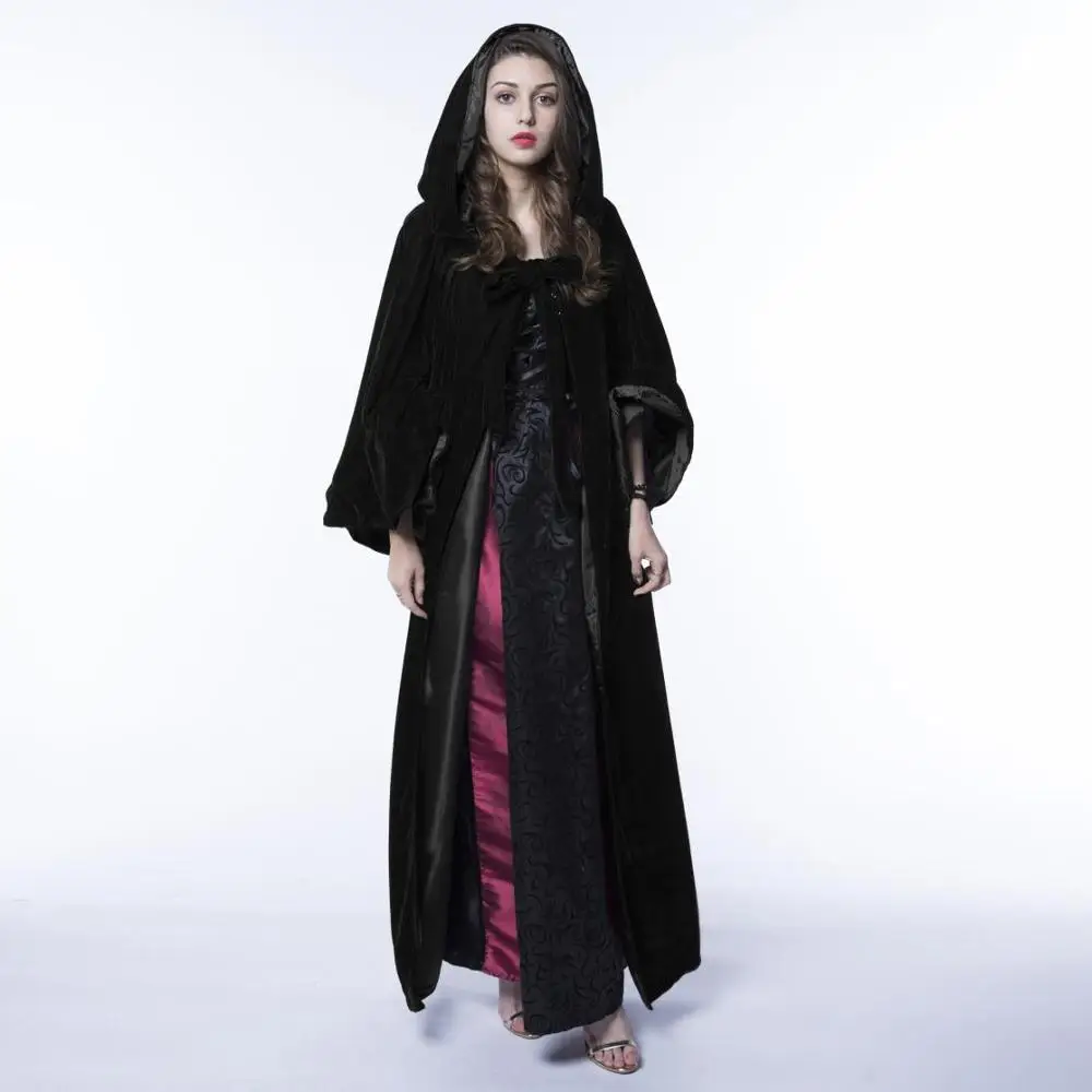 

VELVET LINED GOTHIC CLOAK HALLOWEEN BLACK CAPE HOODED WICCA MEDIEVAL LARP