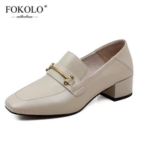fokolo flat shoes women square toe sheepskin low heel loafers new spring autumn genuine leather concise casual ladies shoes p19
