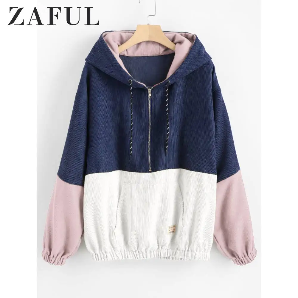 ZAFUL толстовка с капюшоном на завязках, толстовка на молнии, пуловеры с длинным рукавом, контрастный вельветовый женский свитер с карманами на осень и зиму, Повседневная Толстовка