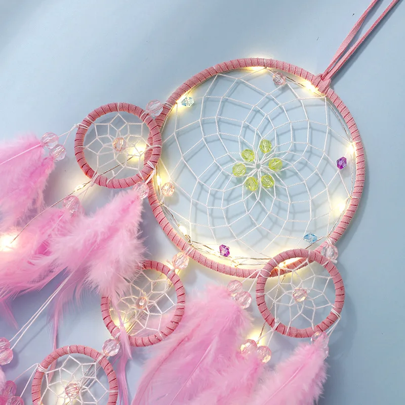 

Fairy Dreamcatcher Four-Circle Girl Pink Feathers Dormitory Shooting Decorations Apartment Hotel Wall Balcony Decoration Pendant