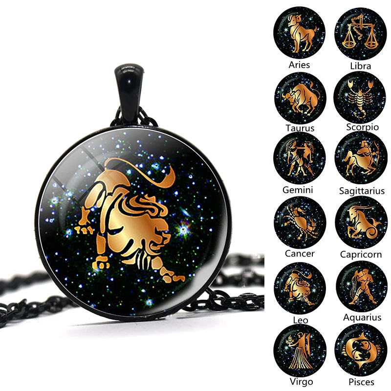 

Men Birthday Gift 12 Zodiac Sign Pendant Necklace Glass Dome Jewelry Constellation Aries Taurus Gemini Cancer Leo Virgo Necklace