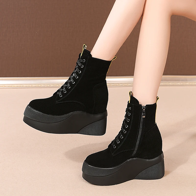 

Japan South Korea New winter ankle Women boots Genuine leather wedge Fashion boots black Women shoes Waterproof Taiwan