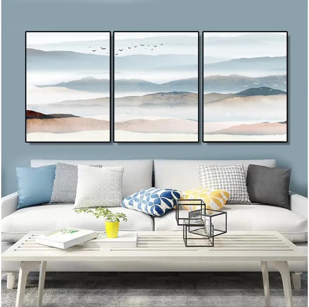 3 Панели холст живопись каллиграфия пейзаж горы плакаты с птицами и принтами