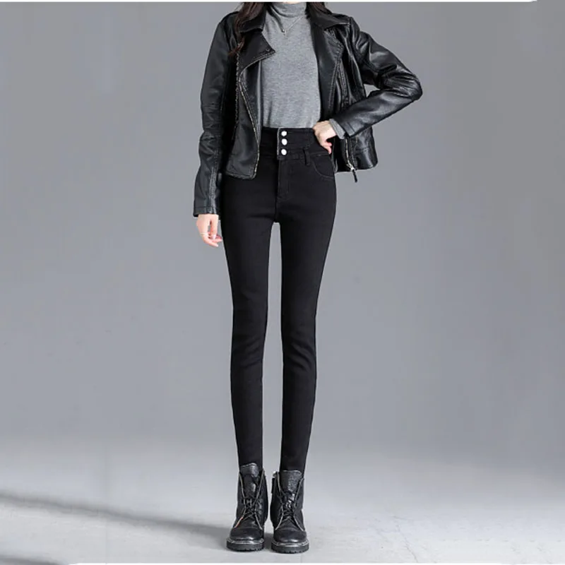 Solid Color Women Winter Warm Jeans 2023 New Elegant High-waist Stretch Trousers Thickening Leisure Slim Female Pants F022