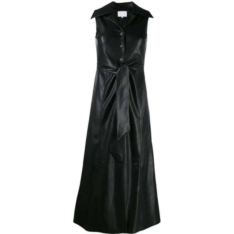 

VGH Beige Patchwork PU Female Dresses Lapel Collar Sleeveless High Waist Lace Up Slim Dress For Women 2020 Summer Fashion Style