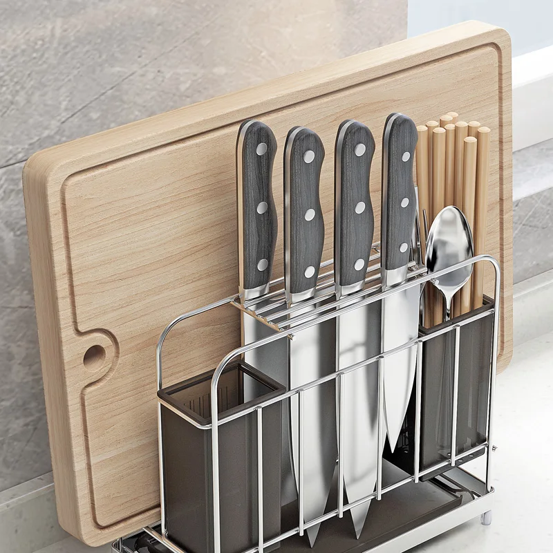 

304 Stainless Steel Stand 3 in 1 Kitchen Storage Rack Knife Holder Cutlery Box Cutting Board Organizer Accessories Container
