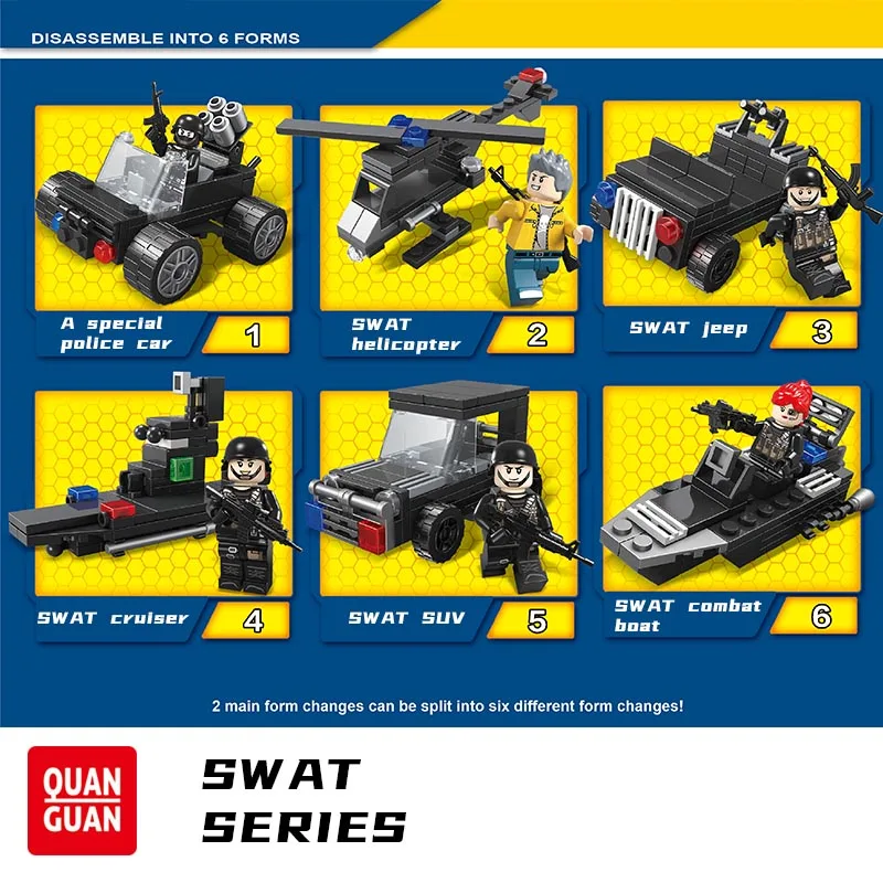 

SWAT Military Series Vehicle Bricks Police Car 6-in-2 Sets NYPD Patrol Truck Model Assembling Blocks Children Toys Boys Gifts