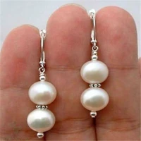 10mm white round shell pearl silver earrings woman party classic twopin dangler twopin