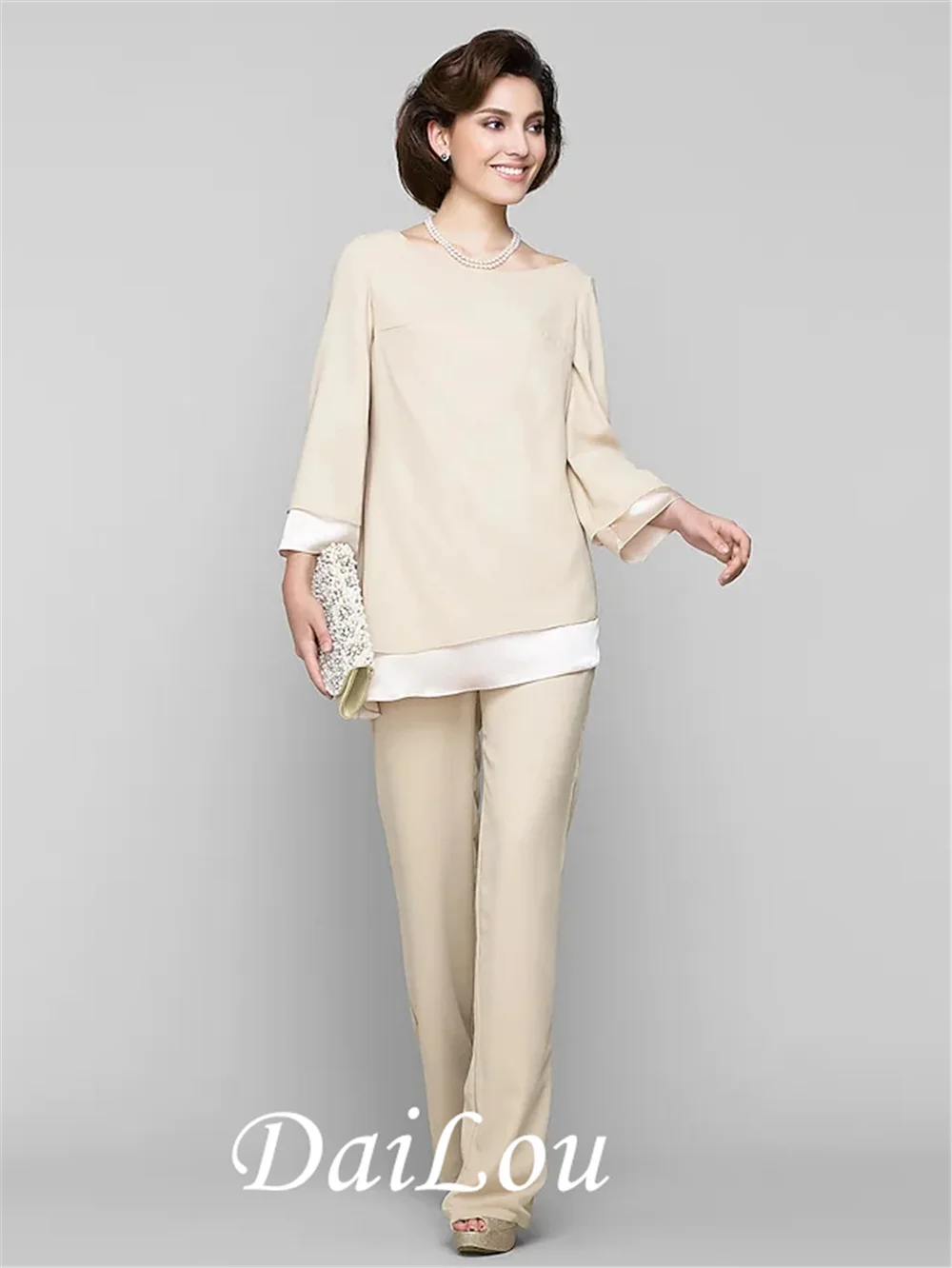 

Jumpsuits Sheath / Column Mother of the Bride Dress Jumpsuits Scoop Neck Ankle Length Chiffon Long Sleeve with 2021