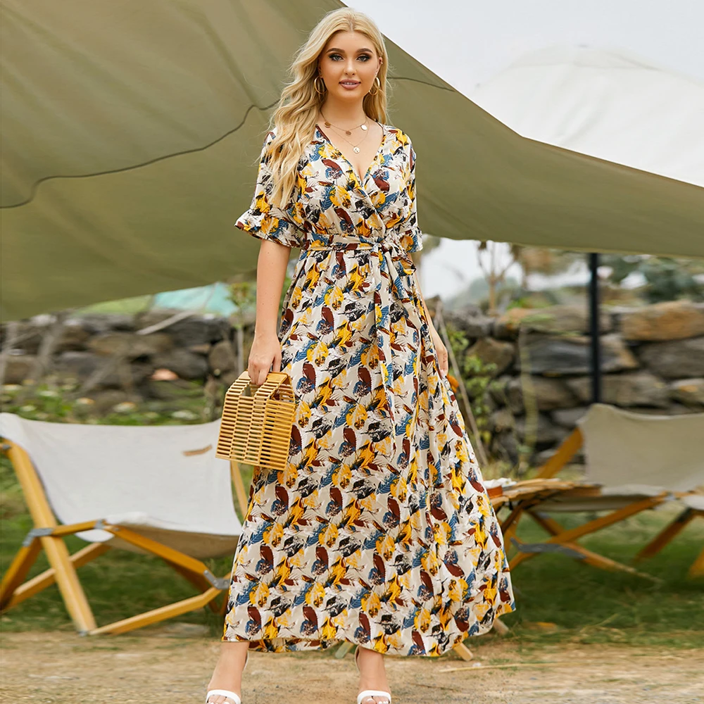 

FridayIn Autumn New Women's Fashion Plus Size Casual Print V-neck Lace-up Daily Ruffled Flared Sleeve Tunic Large Hem Long Dress