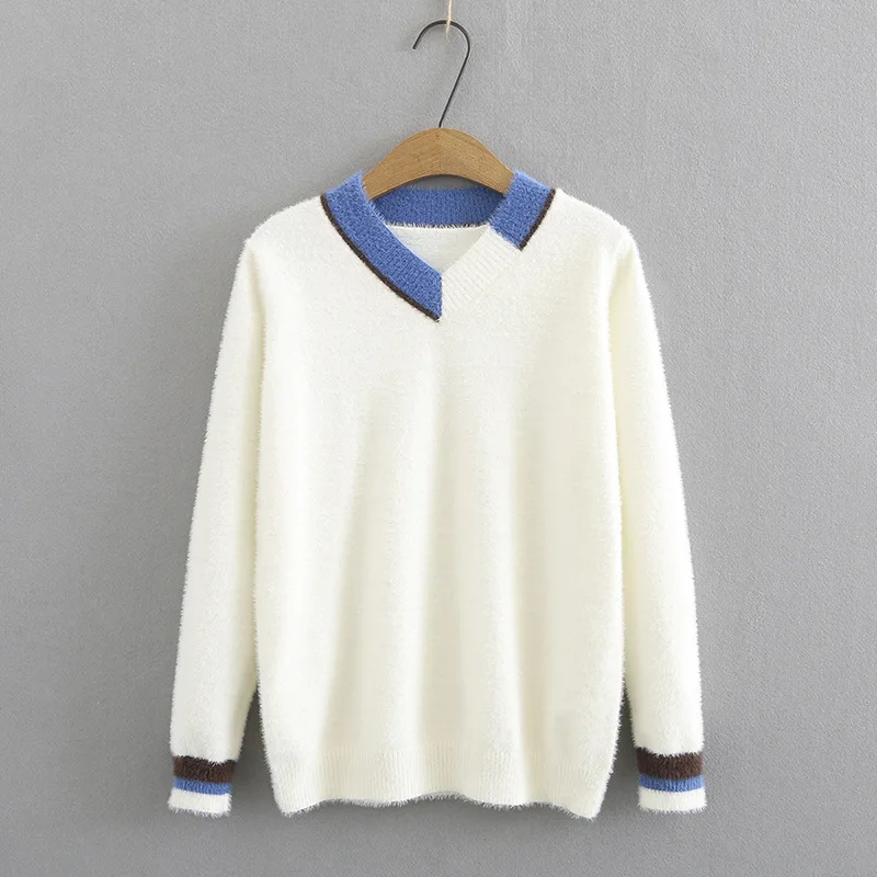 

Plus Size Women Sweater Autumn/Winter Jumper V Neck Contrast Mink Cashmere Pullover Knit Undershirt Casual Loose Tops XL/3XL