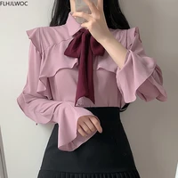 ruffled bow tie top autumn basic office lady work wear flare sleeve cute women single breasted button solid white shirts blouses
