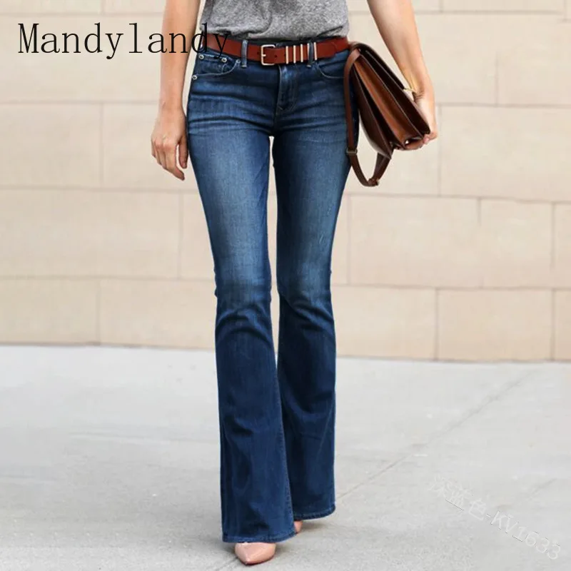 

Mandylandy Женские однотонные модные джинсы Осенние повседневные облегающие джинсовые брюки-клеш полной длины со средней талией